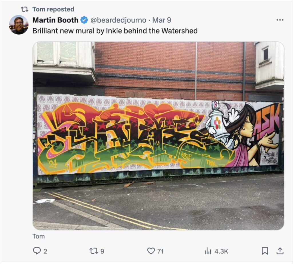 A post on Twitter by Bristol 24/7's editor, Martin Booth, with a picture of the new Inkie mural on our shipping container.